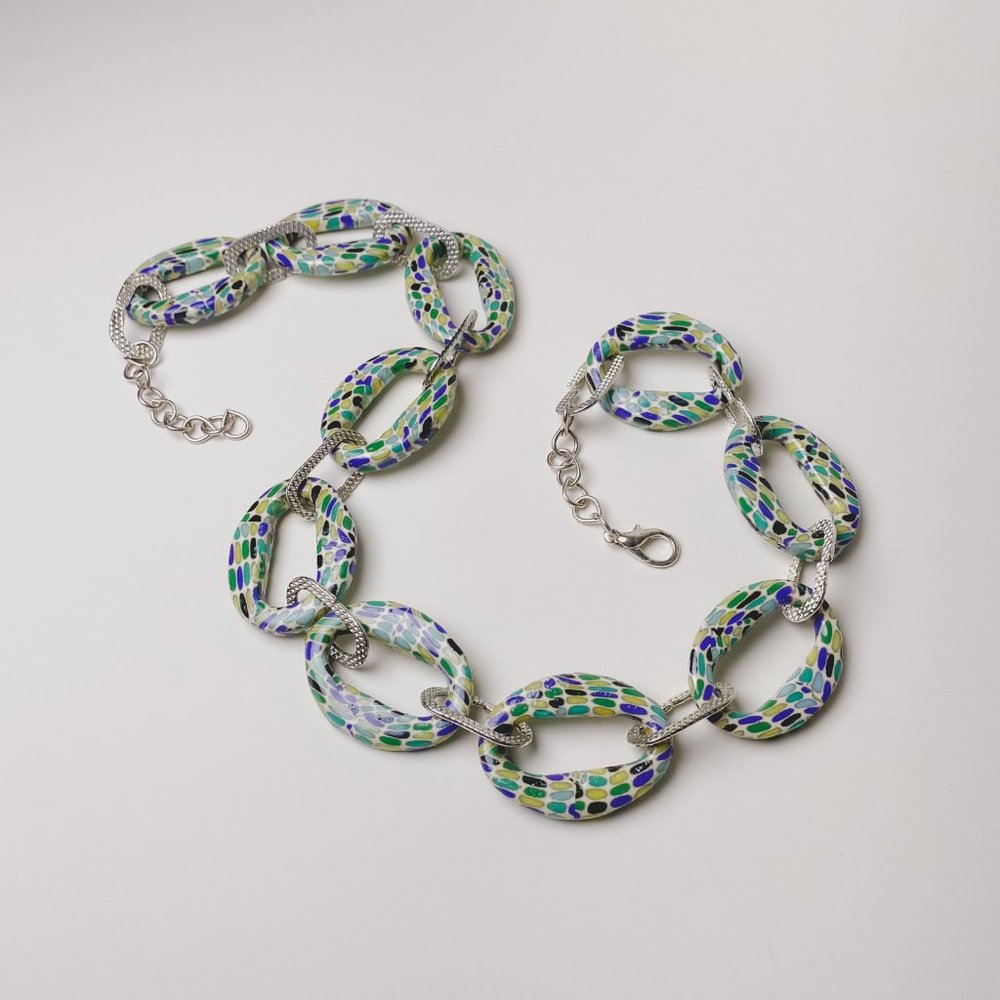 Funky Rubber Large Link Chain Mosaic Pop Art Blue Green Statement Necklace